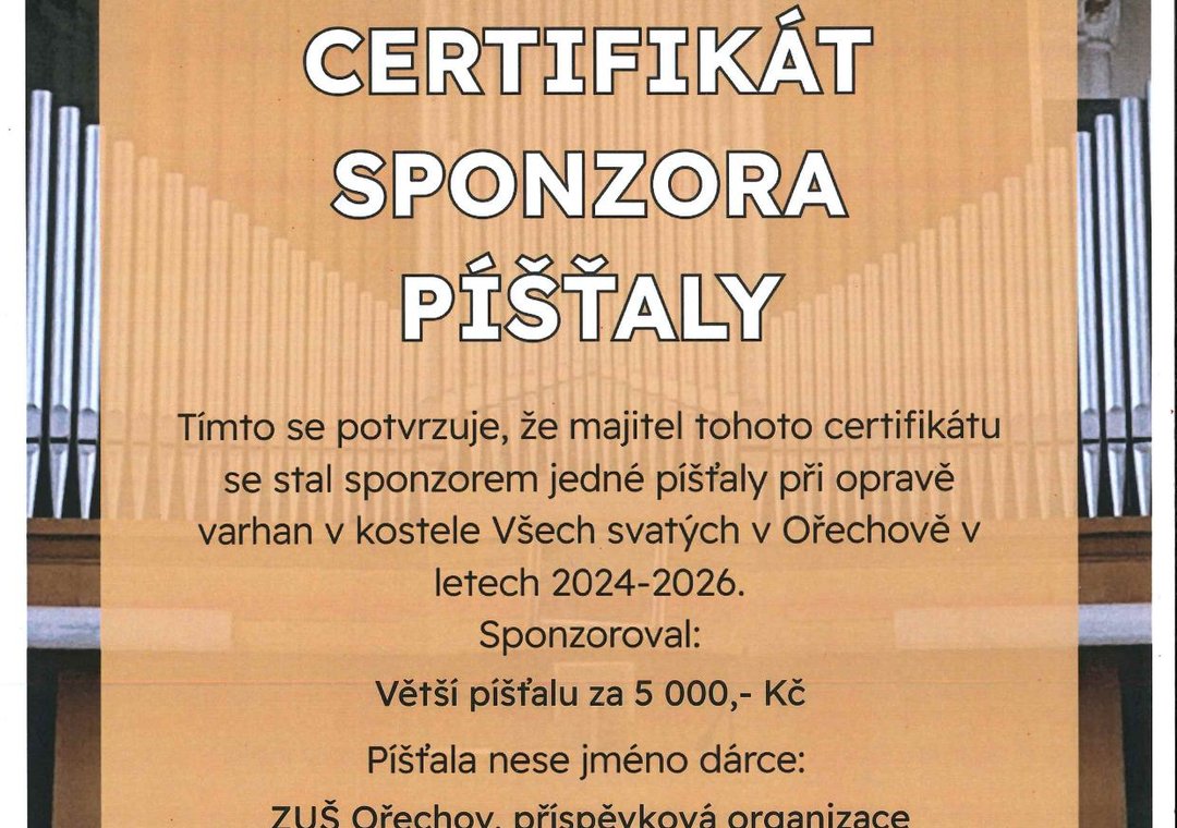 Adopce píšťaly v kostele Všech svatých v Ořechově