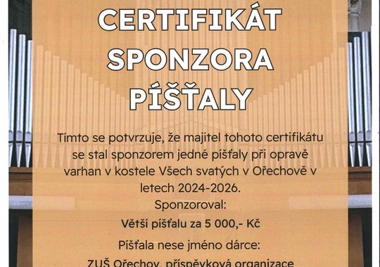 Adopce píšťaly v kostele Všech svatých v Ořechově