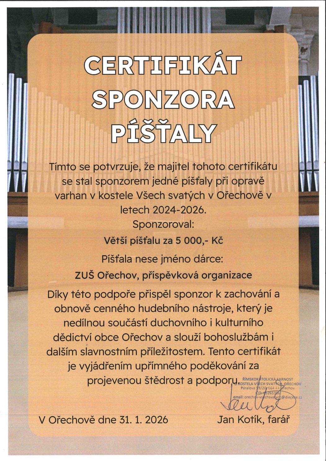 Certifikát_píšťala Všech svatých Ořechov