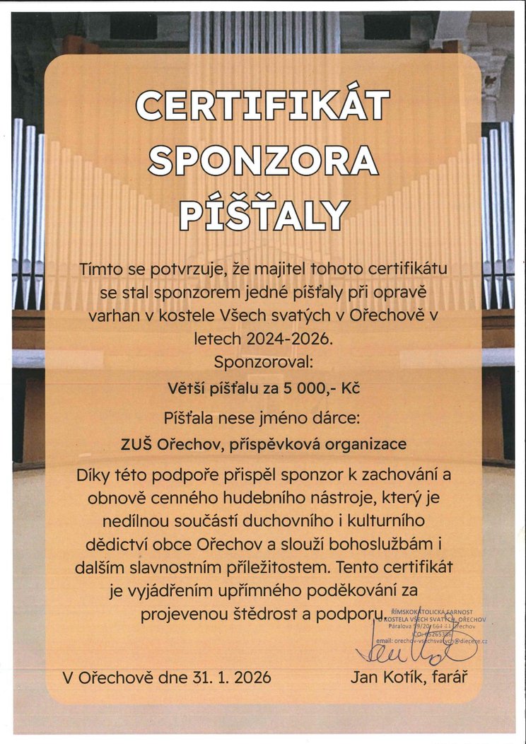 Certifikát_píšťala Všech svatých Ořechov