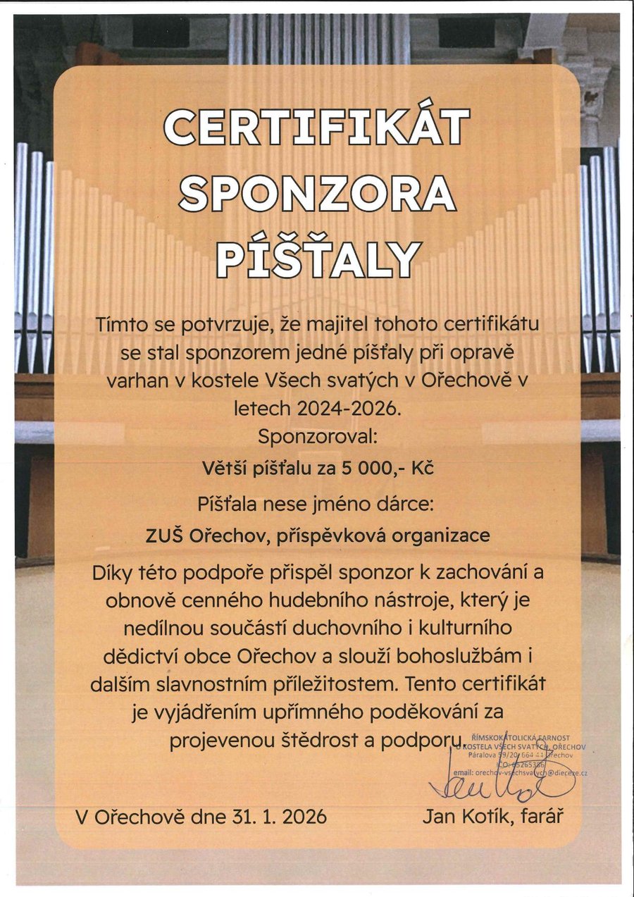 Certifikát_píšťala Všech svatých Ořechov