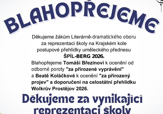 Děkujeme žákům za reprezentaci na Krajském kolech