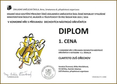Diplom 1. místo Clarteto ZUŠ Ořechov